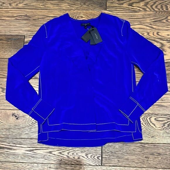 Rag & Bone Electric Blue Shields Silk V-Neck Blouse NWT C24 - Picture 2 of 9